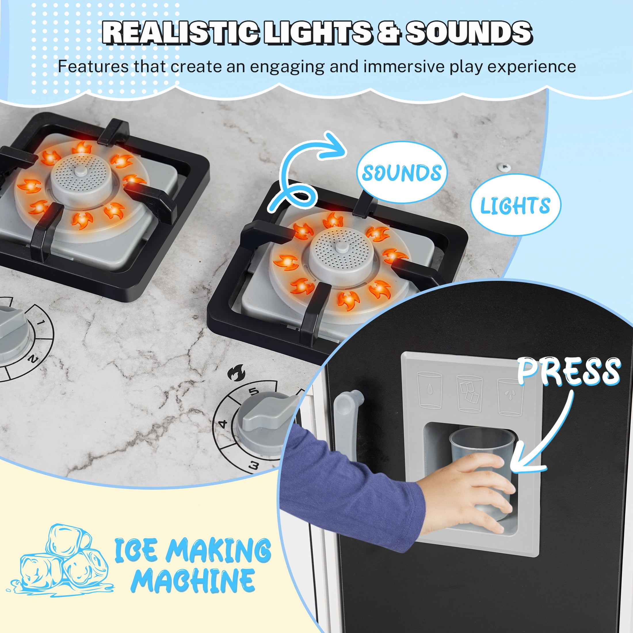 iYofe Play Kitchen Sets for Kids Ages 2+, Wood Kids Kitchen Playset for Toddlers with Real Lights & Sounds, Pretend Play Toys Kitchen with Cookware Accessories, White