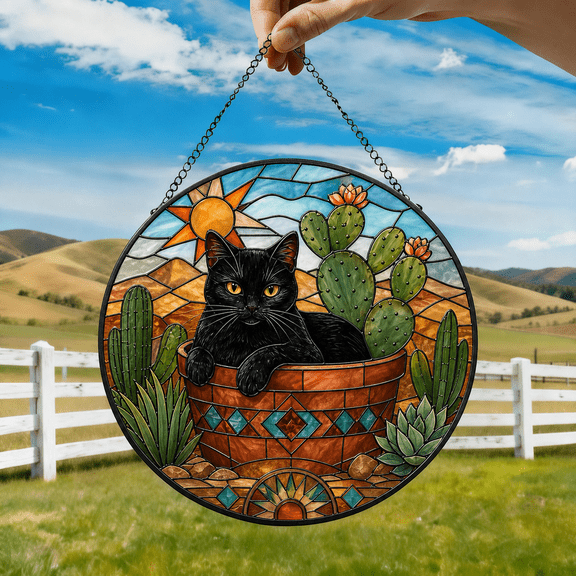 Cat Stained Glass Suncatcher Window Hanging Acrylic Desert Decor Gift