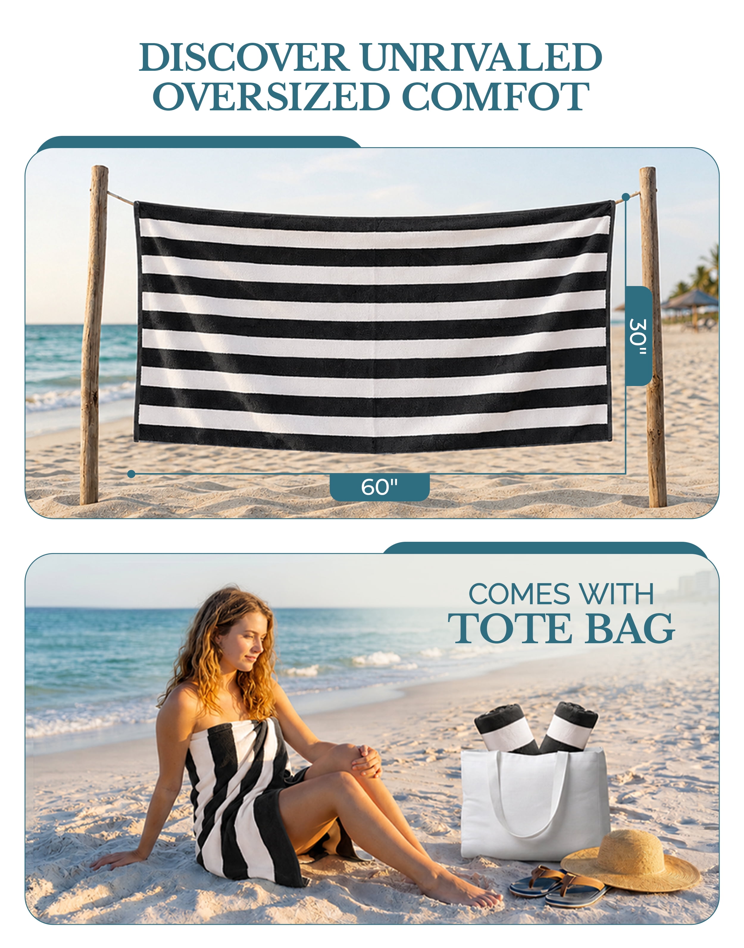 Casa Platino Beach Stripe Towels - 2 Pack 100% Cotton Pool Towels for Adults, Qick Dry, Soft & Highly Absorbent Beach towel Set for Travel & Vacation - Grey