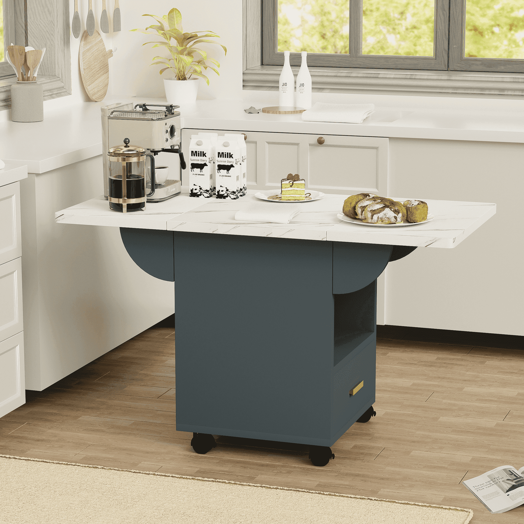 Montary 39.4" Wood Folding Dining Table with 4 Wheels, Multipurpose Foldable Dining Table with Storage Rack and 1 Drawers, Movable Kitchen End Table Extendable Table for Small Spaces
