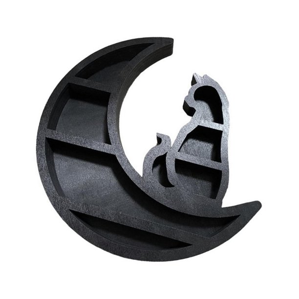 Estante de madera, estante de exhibición, estante de almacenamiento de piedra, arte de pared, estante flotante decorativo de pared gatito luna