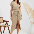 thumbnail image 2 of Sngxgn Women Square Neck Lantern Long Sleeve Ruched Mini Dress(Khaki,XXL), 2 of 7
