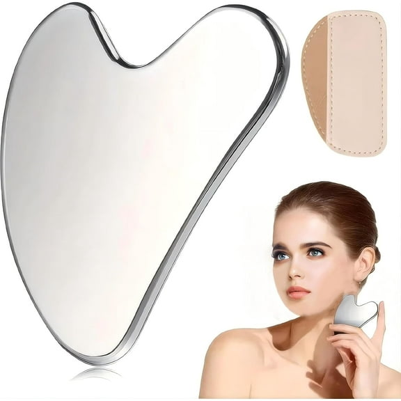 BYXAS Stainless Steel Gua Sha Facial Tools Self Care Gifts Guasha for Face Metal Gua Sha Tighten Skin Massage Guasha Beauty Tool for Body Eyes Massager with Travel Pouch(Silver)