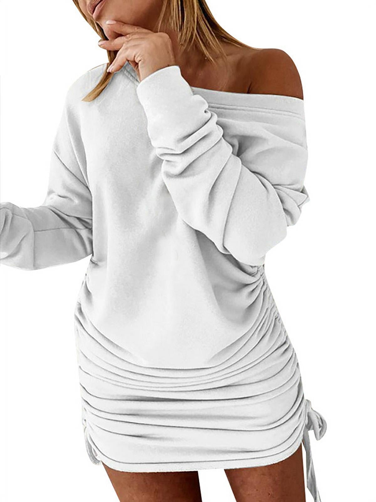 Julycc Women's Off Shoulder Long Sleeve Drawstring Jumper Sweatshirt Dress, Size: Large, White