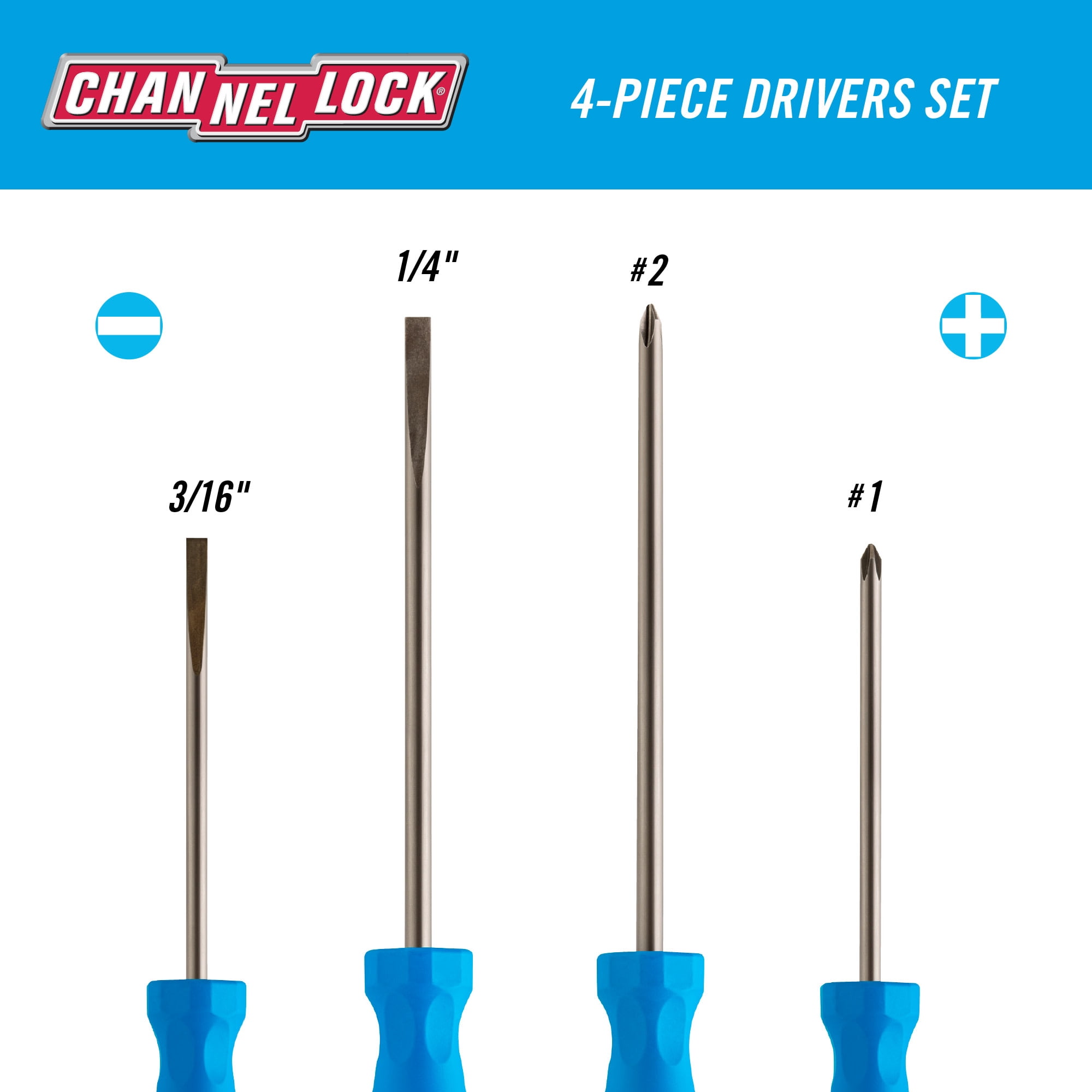 CHANNELLOCK Standard Screwdriver Set, Includes Phillips and Slotted Screwdriver, Precision Machined with Magnetic Tip & Tri-Lobe Grip, Ideal for Home Improvement, Made in USA, 4-tool set (SD-4H)