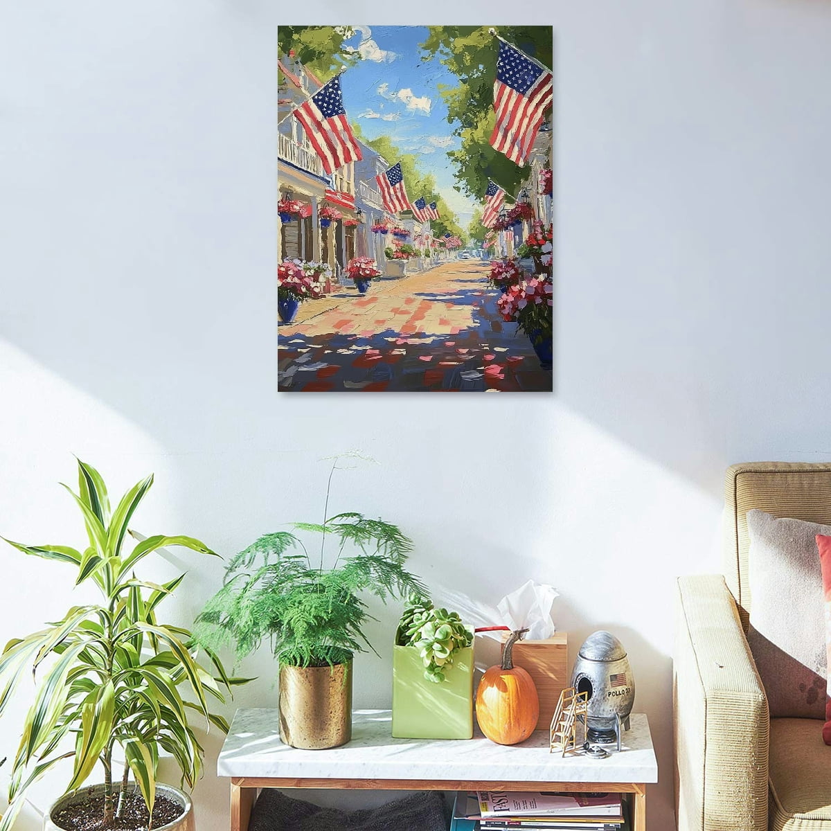 GooTPa 4th of July Patriotic Canvas Wall Art, Street Landscape Patriotic Canvas Prints Wall Art for Living Room Bathroom Bedroom Office, Art Print Painting for Home Decorations - 12x16in