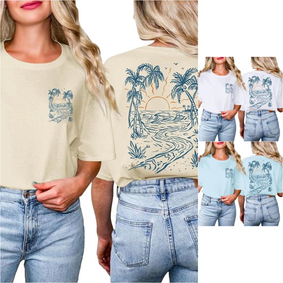 XIAOCHA Womens Tree Beach Graphic T Shirt Short Sleeve Front Back Print Casual Tops