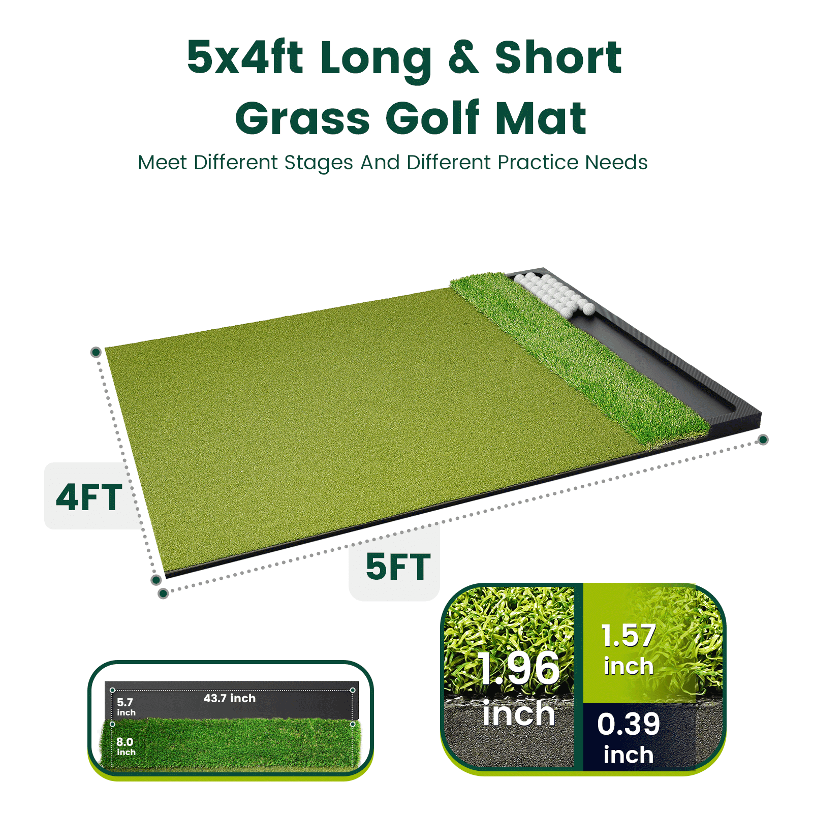 OKESAM  Golf Mat   Golf Hitting Mat Foldable Dual-Turf Built-in Ball Tray 5x4ft