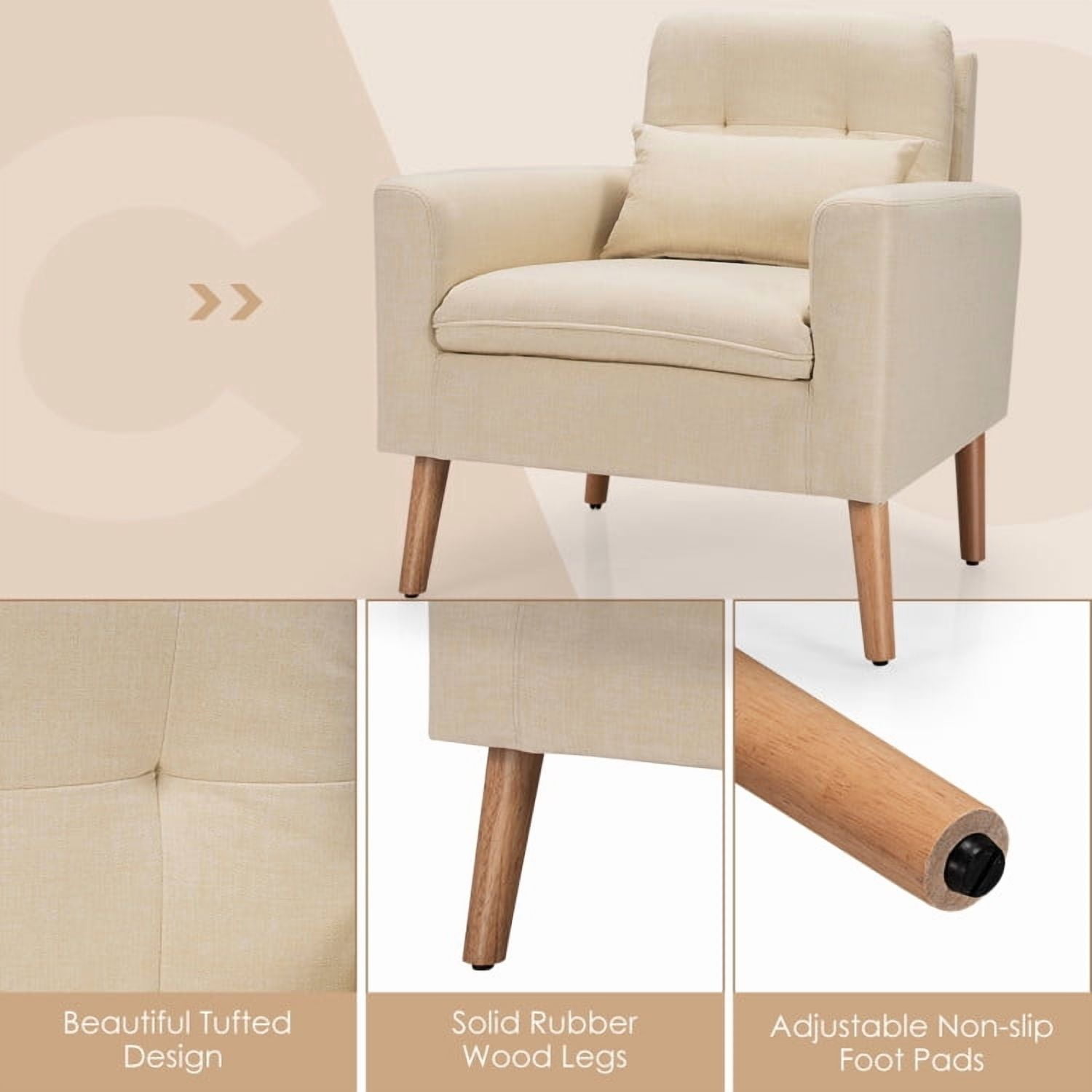 Demi Bonn Upholstered Accent Chair, Modern Comfy Armchair Single Sofa, Linen Fabric Single Sofa Armchair with Waist Pillow, for Living Room, Bedroom, Beige