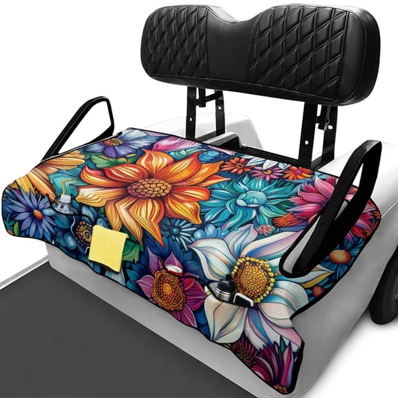 XYZCANDO Vibrant Floral Golf Cart Seat Cover With 4 Front Pockets - Non-Slip Washable Universal 2-Seat Golf Cart Protector