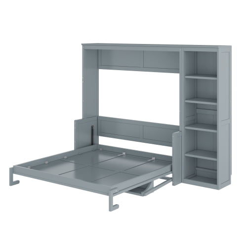 Queen Size Murphy Bed with Desk and Bookshelf, Space-Saving Solid Pine Wood Cabinet Bed, No Box Spring Needed, Gray
