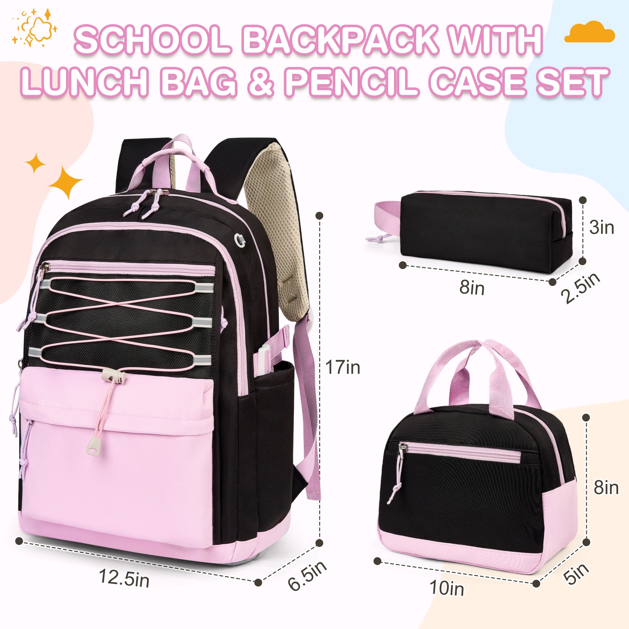 DAKIMOE 3 PCS School Backpacks for College Teens Cute Girlish Middle High School Bookbag Large Capacity Lightweight Waterproof Daypack for Students