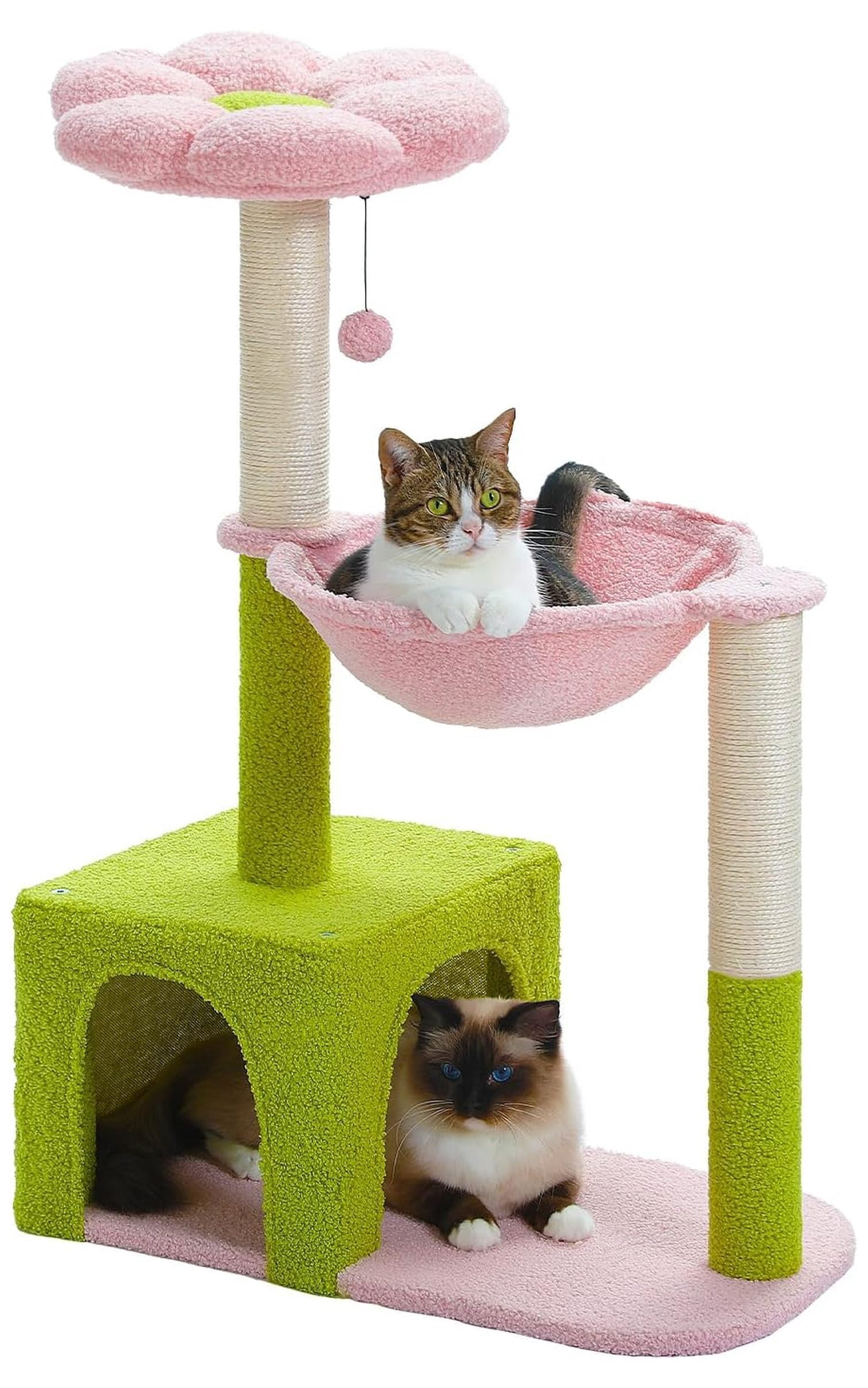 Flower Cat Tree 36.6", Pink Cat Tower with Scratching Posts, Hammock & Condo for Kittens - Large Indoor Cat Tree with Perch & Fluffy Ball