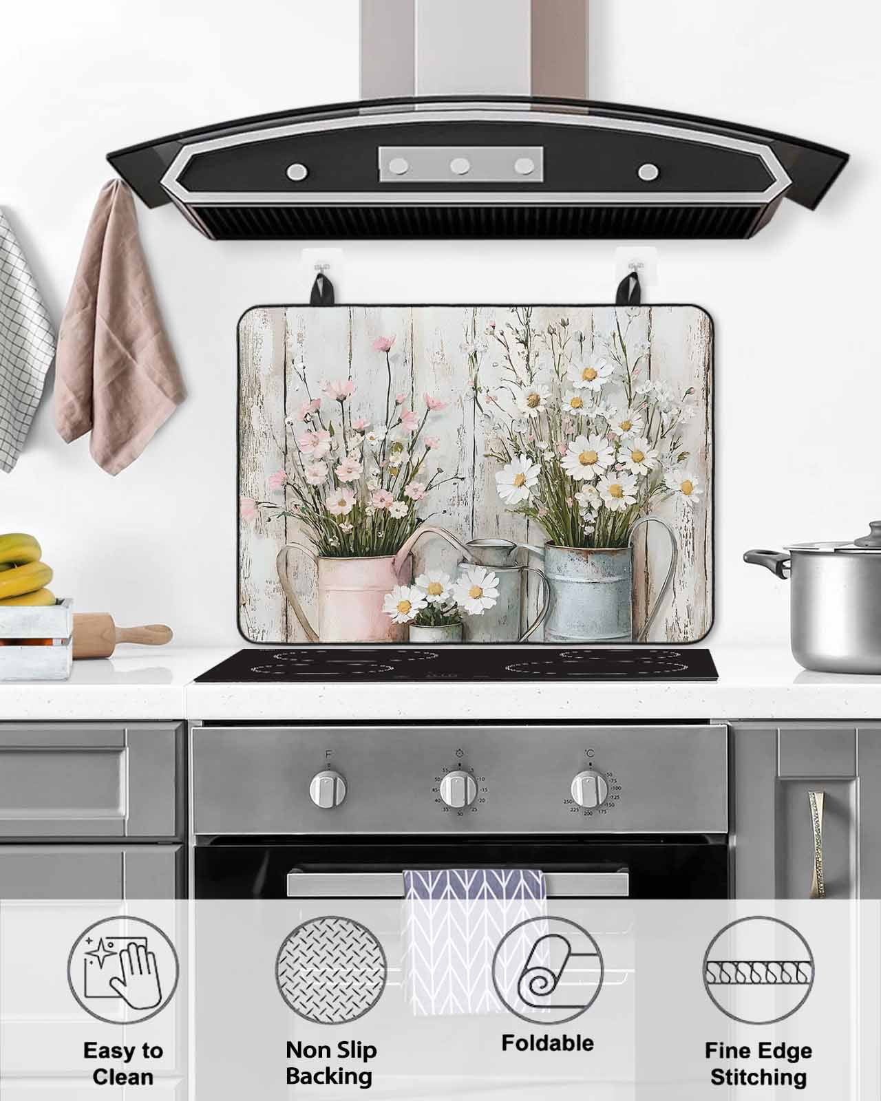 nqOlkjepod Large Induction Cooktop Protector Mat 24"x21", White Pink Floral Stove Top Covers for Electric Stove, Garden Floral Wildflower Wood Grain Stove Burner Cover Mats, Glass Top Stove Cover