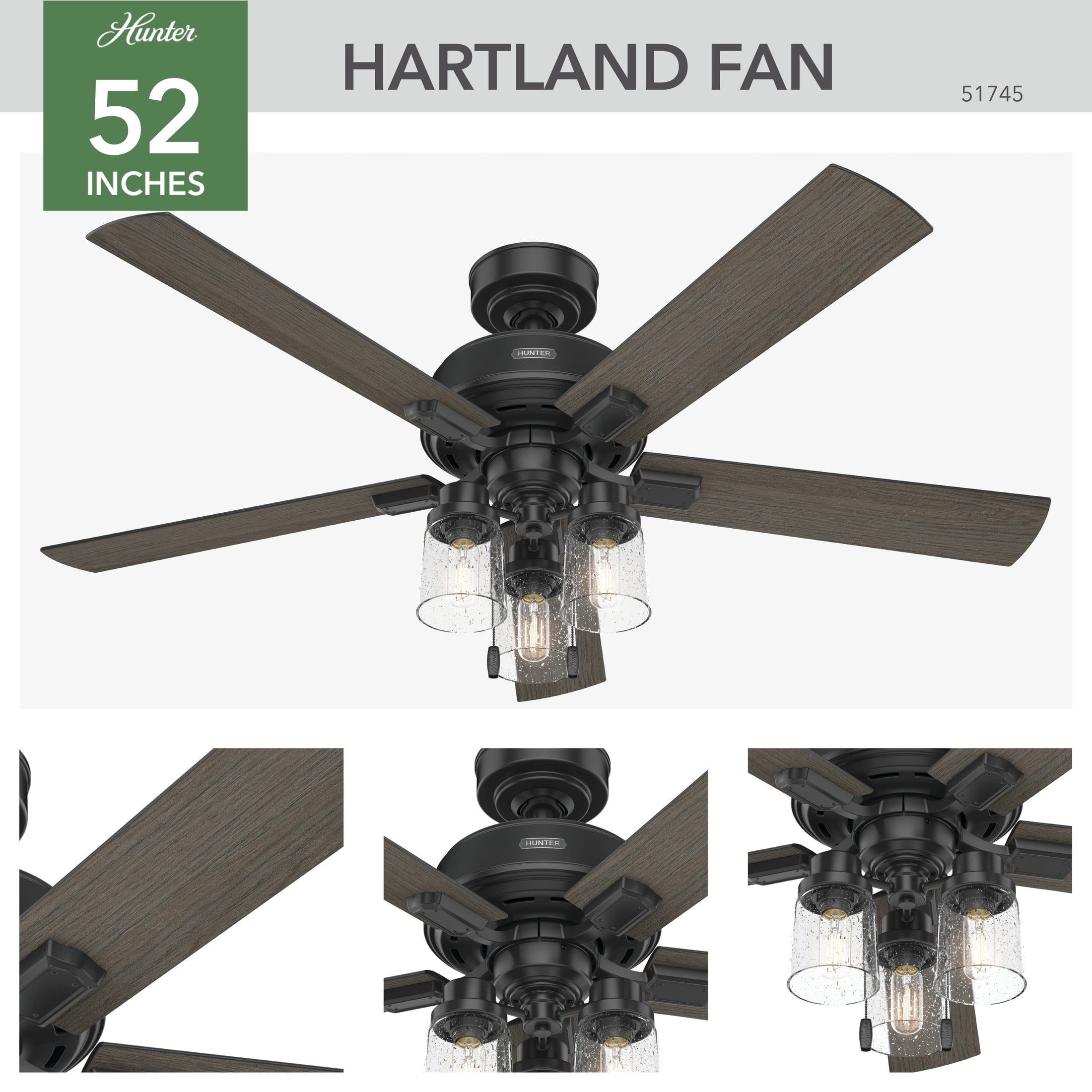Hunter 52 inch Indoor Ceiling Fan with LED Lights - Black Ceiling Fan with Pull Chain, For Bedroom, Living Room, or Kitchen, Standard Mount, No Remote, 5 Blades - Hartland 51745, Matte Black