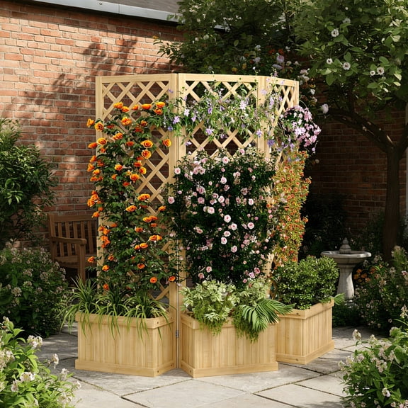 EuKer Privacy Planter Tall Outdoor, 3 Hinged Freestanding Screens with Planter Box for Patio, Deck, Backyard, Natural Wood