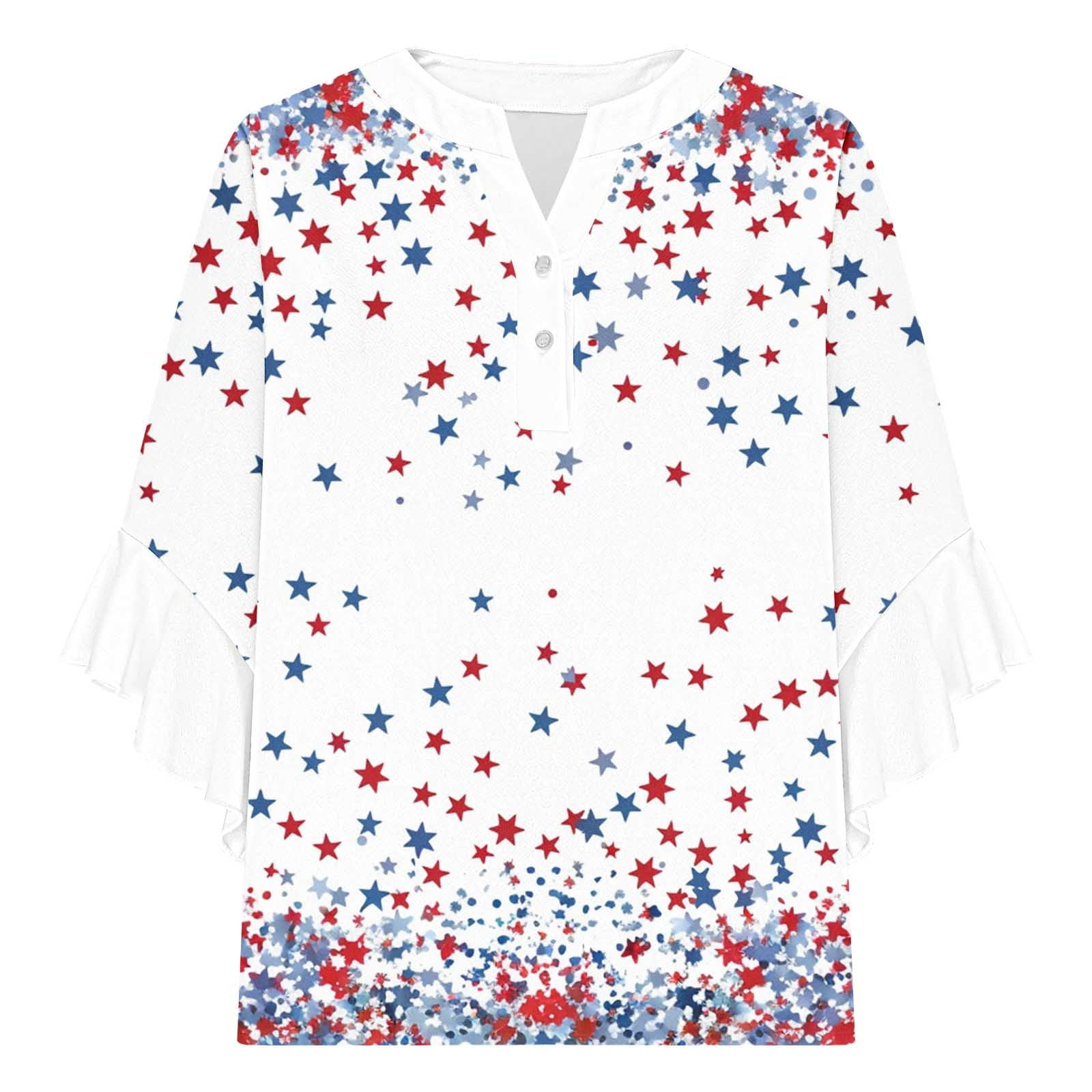 Womens Red White and Blue Blouse Womens Red White and Blue Shirts Patriotic Shirts Women Womens American Flag Tops Ladies New Lace 3/4 Sleeve V-Neck Button Independence Day Printed Tops