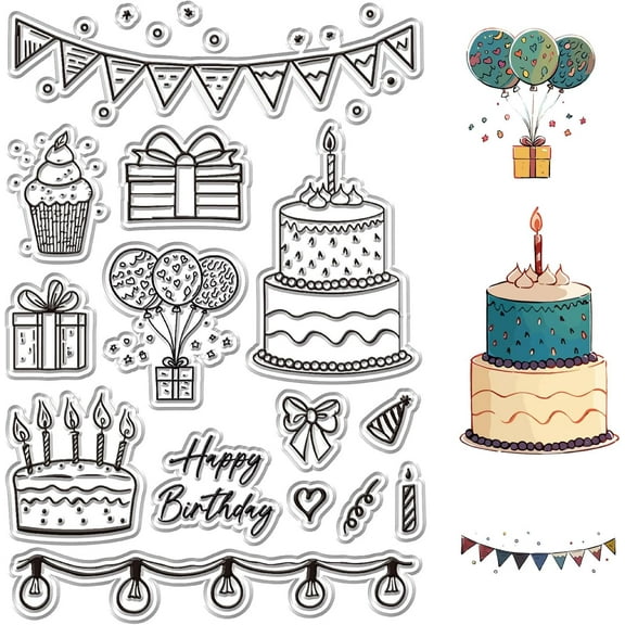 Happy Birthday Silicon Clear Stamp with Gift Cake Plastic Rubber Stamps 6.3x4.3inch