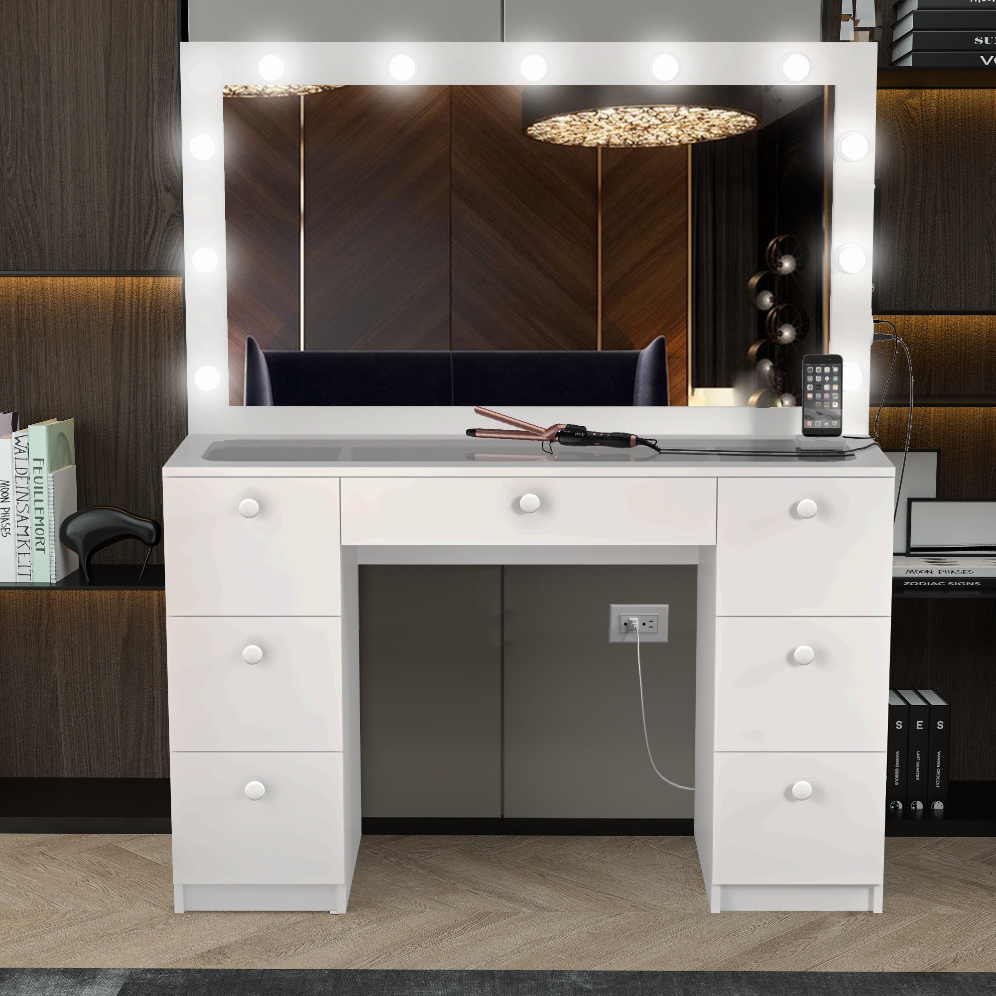 Boahaus Yara Vanity Makeup Desk with Frameless Hollywood Vanity Mirror,  Lights, 7 Drawers, Non- Glass Top, White Makeup Table with Basic Knobs for  Bedroom 