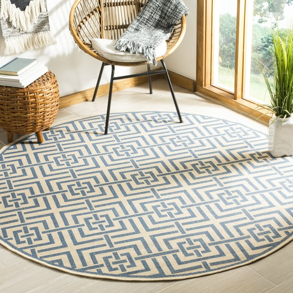 Safavieh Linden Derbhile Geometric Indoor/Outdoor Area Rug, Cream/Blue, 6'7" x 6'7" Round