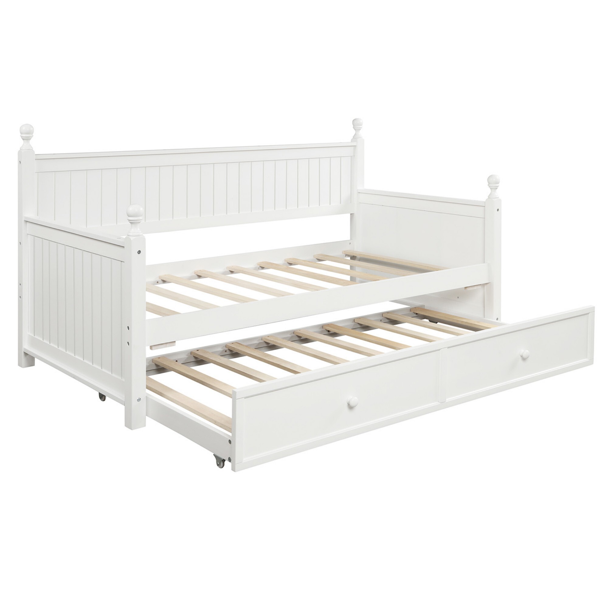 AENKYO Solid Pine Wood Twin Daybed with Trundle, 2-in-1 Convertible Sofa Bed for Guest Room/Kids Room, White