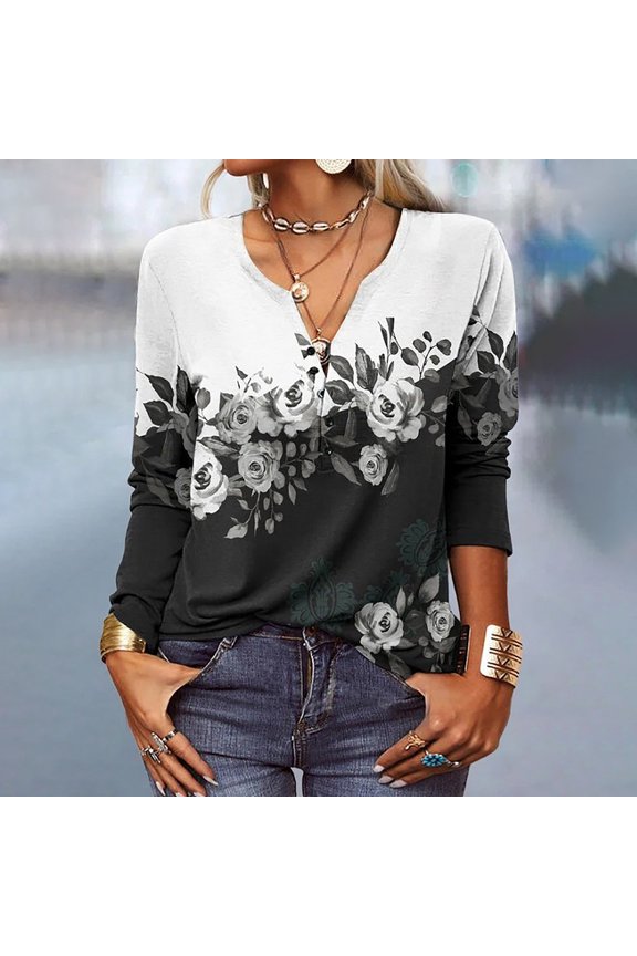 Fall New Trendy 2024!Brilliant Womens Tops 3/4 Sleeve Casual Print Long Sleeve Buttons Slim Blouse T-Shirt Tops Black XXXL