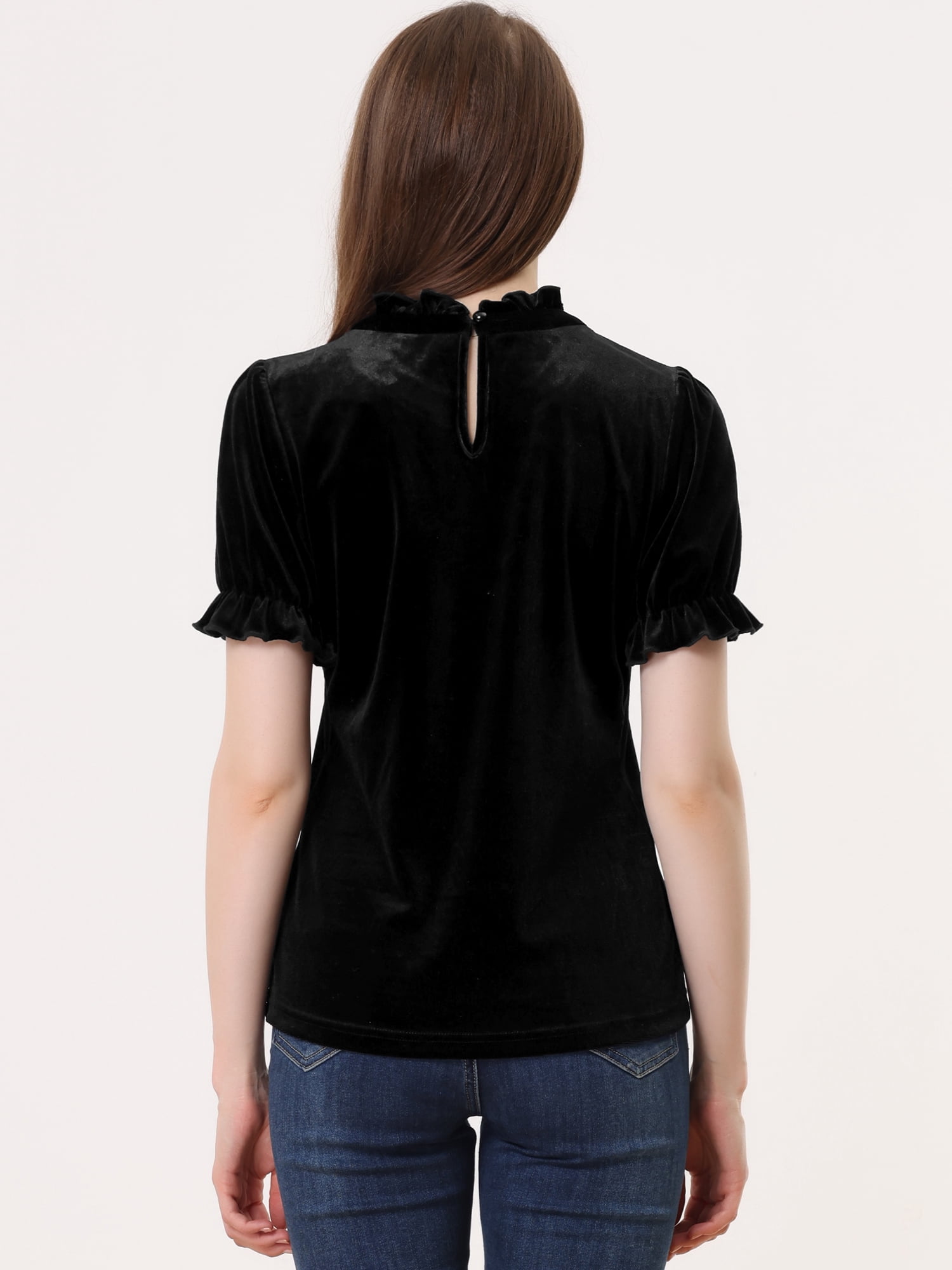 DARING DIVA Women's Ruffle Collar Shirt Velvet Tops Blouse XL Black