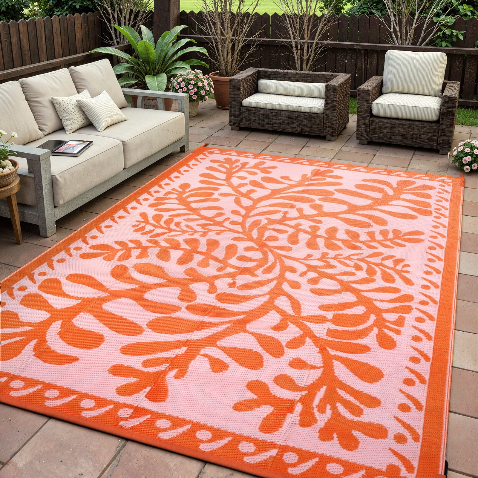 SUNDEREY 8’X10’Outdoor Rug for Patio,Waterproof Beach Mats, Seaweed Pattern Plastic Straw Outdoor Rugs for RV Patio Deck Beach Porch Backyard,Orange