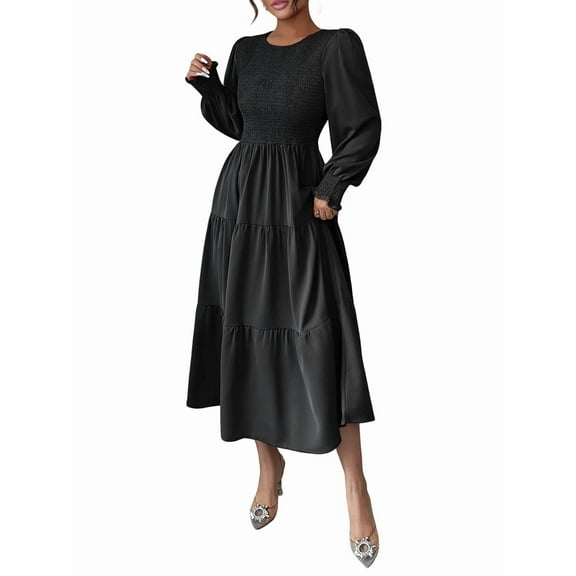 Autumn Women'S Long Sleeve Ruffled Round Neck Layered Flowing Wedding Guest Maxi Dress Black XL