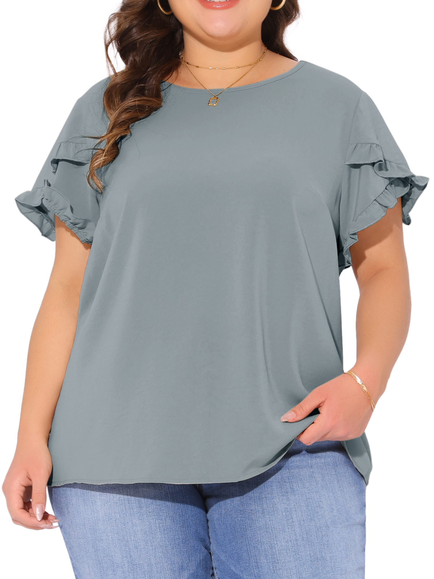DARING DIVA Women's Plus Crew Neck Ruffle Blouse 4X Gray Blue