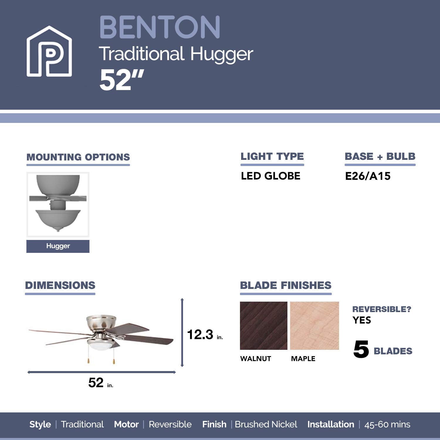 Prominence Home Benton 52" Brushed Nickel Low Profile Ceiling Fan with Light