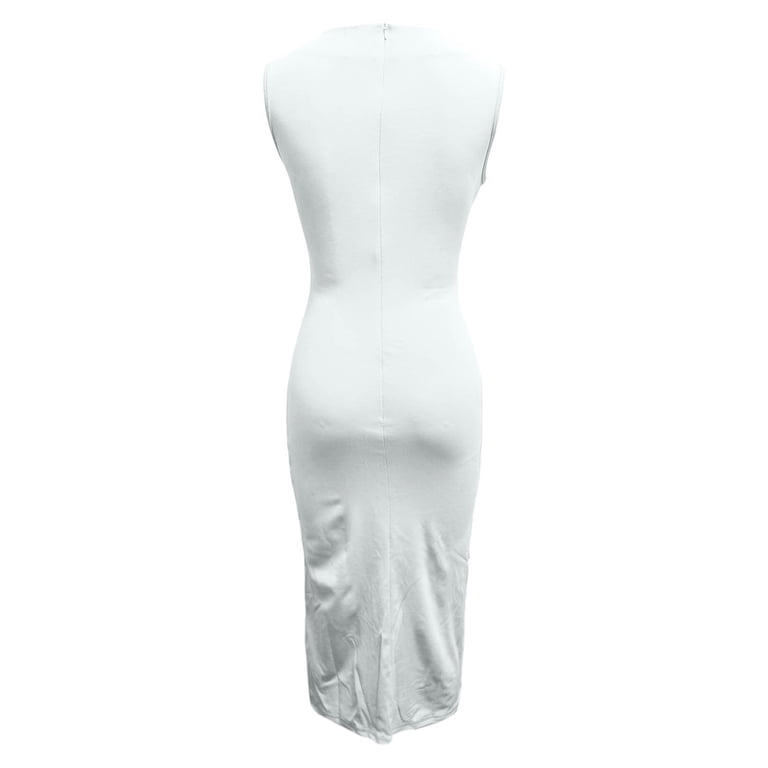 white dress below knee length Alun Womens Summer Sleeveless Midi Elegant Solid Color Stretch Slim Fit Casual Dresses Soft Comfortable with Asymmetric and Waist for Daily Wear XXL Web Collection: Baby Moon