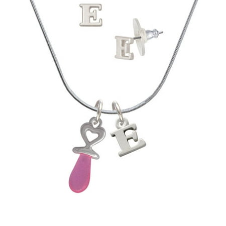 Pacifier Charm Jewelry - 3-D Pink Baby Pacifier - E Initial Charm Necklace and Stud Earrings Jewelry Set
