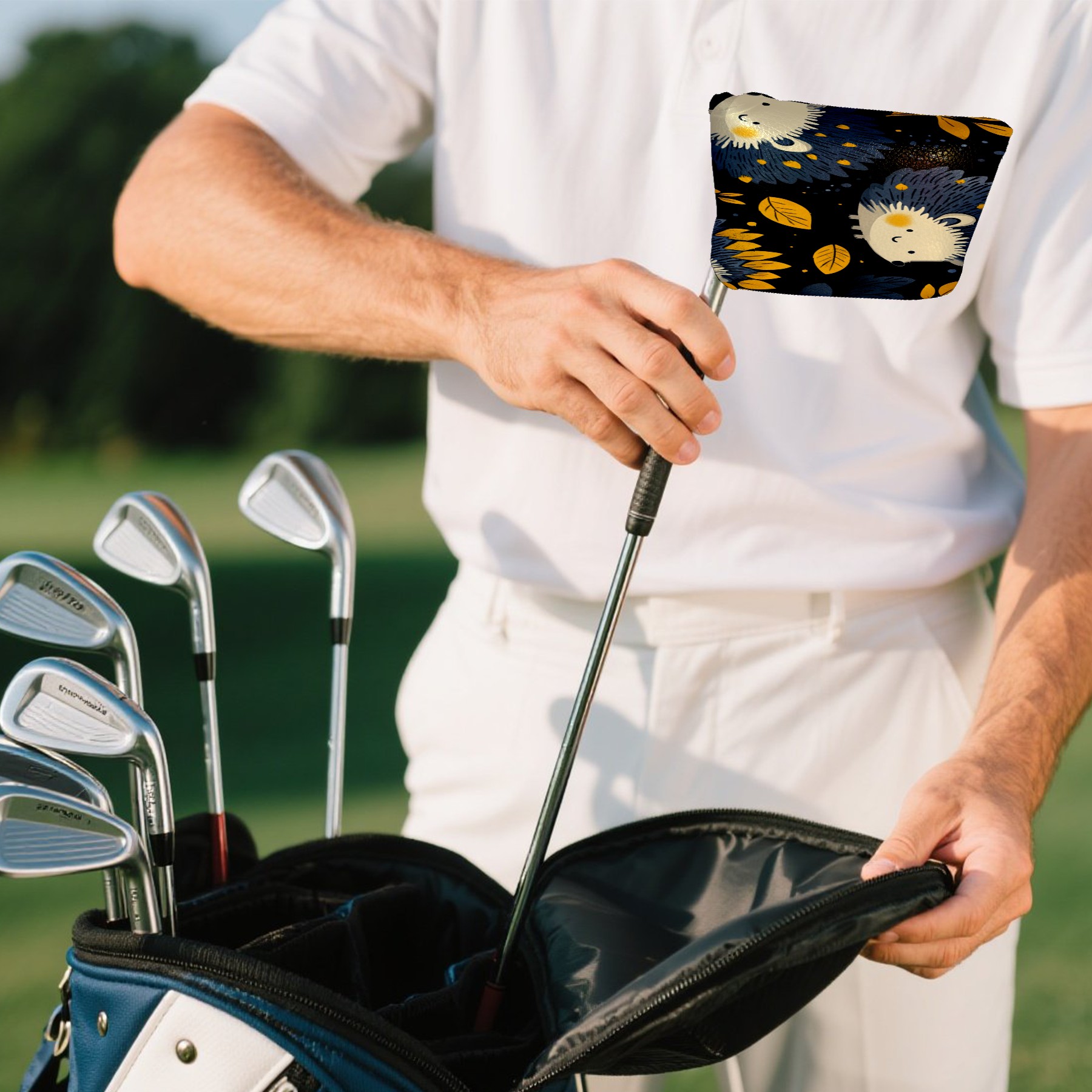 Golf Mallet Putter Cover Premium Leather Waterproof Golf Putter Head Cover with Magnetic Closure Cartoon Hedgehog