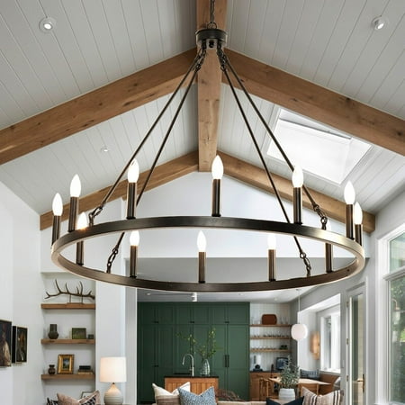 

Wagon Wheel Chandelier Black 12-Light Candle Style Outdoor Porch Light Fixtures 38