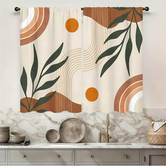 Mid Century Boho Arch Kitchen Curtains Rod Pocket Abstract Geometric Modern Aesthetic Rainbow Small Short Cafe Curtains Leaves Sun Window Treatment Drapes Home Decor-27.5W X 39L Inch 2 Panels