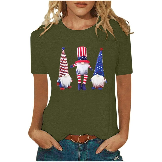 Birdeem Fête de l'Indépendance Mode Femmes Décontracté Col Rond Manches Courtes Imprimé Hauts Blouse pour Dames