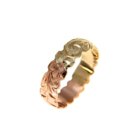 14k yellow rose gold 2 tone custom hand engraved Hawaiian scroll maile ring 6mm cut out size 2.2