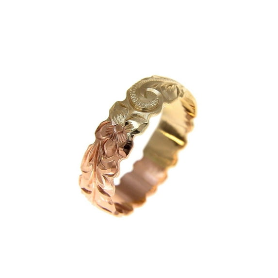 14k yellow rose gold 2 tone custom hand engraved Hawaiian scroll maile ring 6mm cut out size 6.5