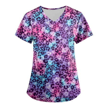 

Knosfe Nurse Uniforms Women with Two Pockets Printed Scrub Tops Short Sleeve Graphic V Neck Blouses Shirts Casual Summer Scrubs Women Purple S