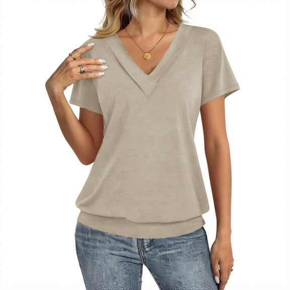 Womens Short Sleeve Tops Banded Bottom V Neck Summer T Shirt Casual Basic Tees Army Green L