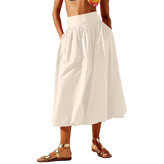 Wutalume Women's Midi Skirt with Deep Pockets, Pleated Design, Elastic Waistband, Flowy A-Line Skirt for Casual, Office, and Weekend Outfits,Beige L