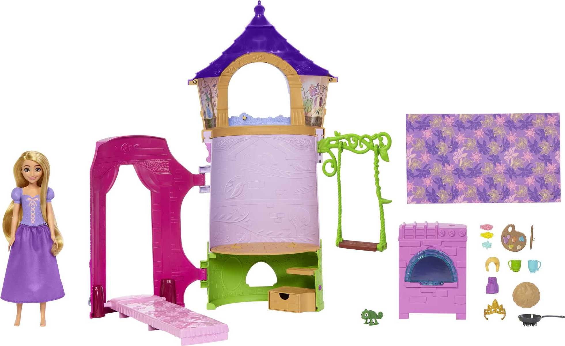 Disney Princess Rapunzel Tower Doll House Playset with Fashion Doll, 6 Play Areas and 15