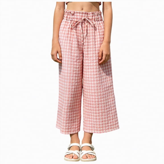 Zanarzt Linen Toddler Pants Girls Gingham Pants Kids Casual High Waist Plaid Trousers with Pockets 10-11 Years,Pink