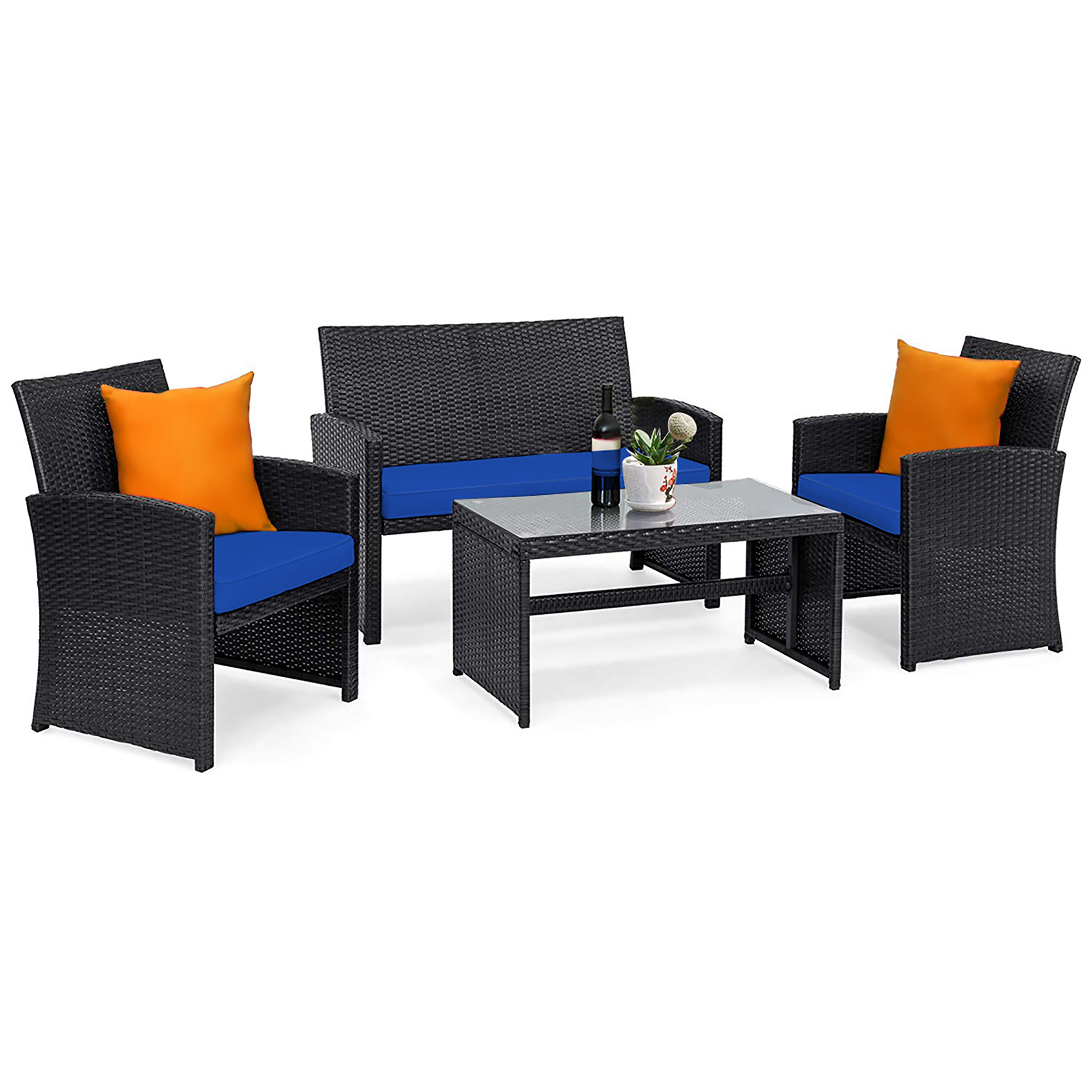 Costway 8PCS Patio Rattan Furniture Conversation Set Cushion Sofa Table Garden Navy