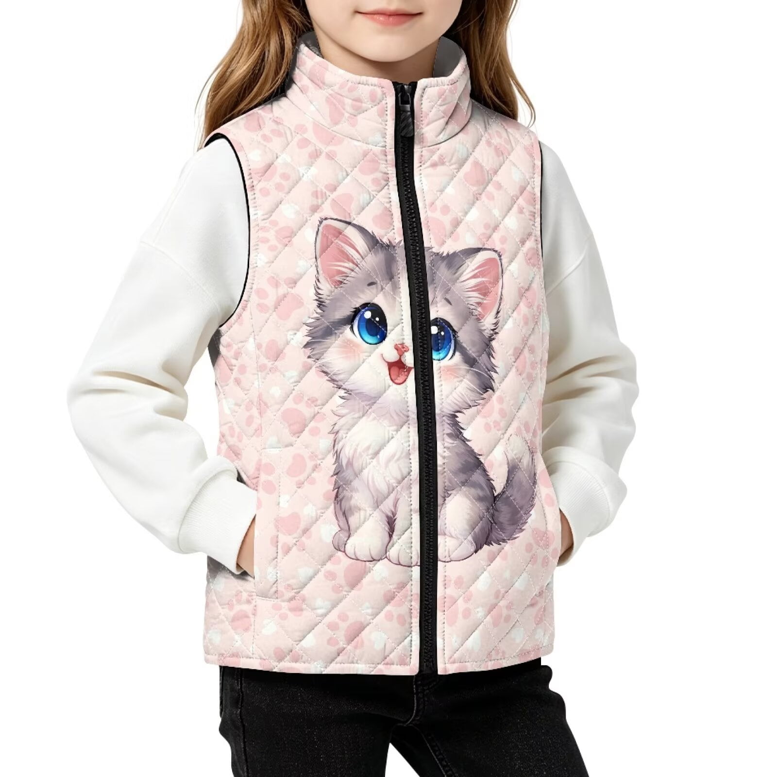 FKELYI Girls Puffer Vest Sleeveless Jacket Pink Cat Paw Print 2Y Warm Vest Boys Girls Sleeveless Jacket Stand Collar Water-Resistant Lightweight Outwear Coat for 2-12 Y