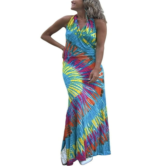 Robe d'Été Sans Manches à Col Licou à Imprimé Teinture sur Nœuds pour Femme