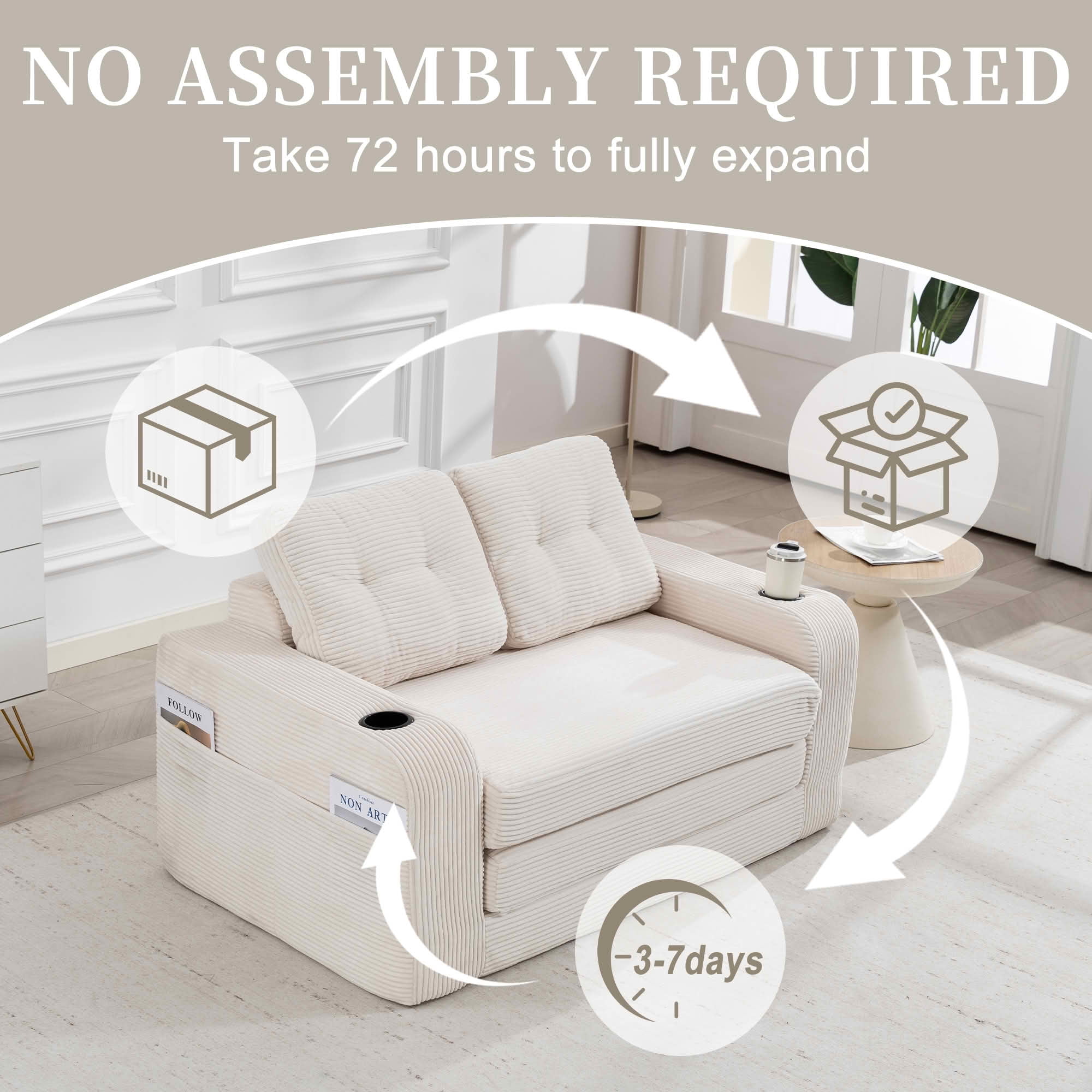 MAYEERTY 2-in-1 Convertible Expandable Sofa Bed, Fold Out Corduroy Floor Couch with Pillows, Side Pockets & Cup Holders for Bedroom Small Living Room