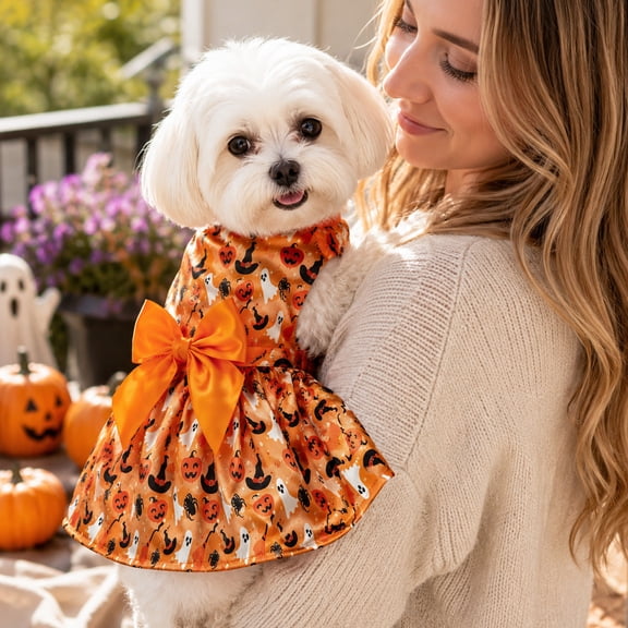 Halloween Puppy Dress for Small Dog Pumpkin Ghost Cat Costumes Orange Bow Pet Clothing for Kitten Chihuahua Yorkie Poodle