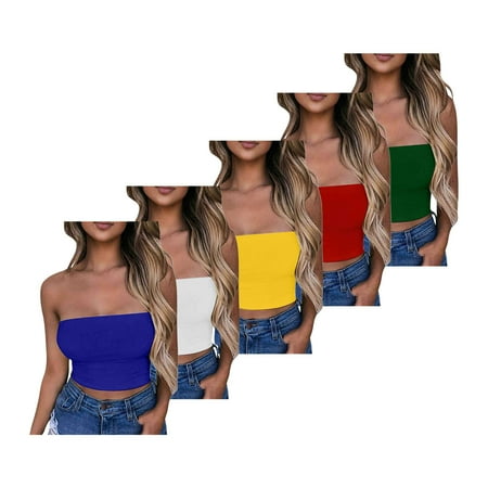 Lovskoo Womens 5 Pack Tube Tops Crop Tops Going Out Strapless Basic Backless Bandeau Bra Summer Outfits 2024 Y2K Clothes Blue + White + Yellow + Red + Green